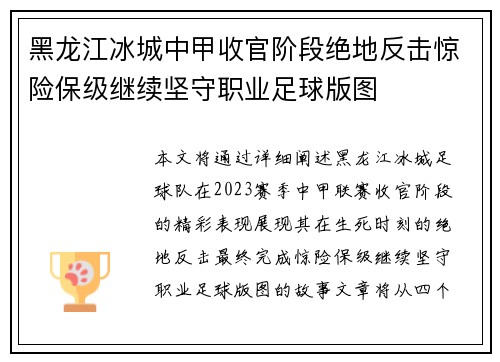 黑龙江冰城中甲收官阶段绝地反击惊险保级继续坚守职业足球版图